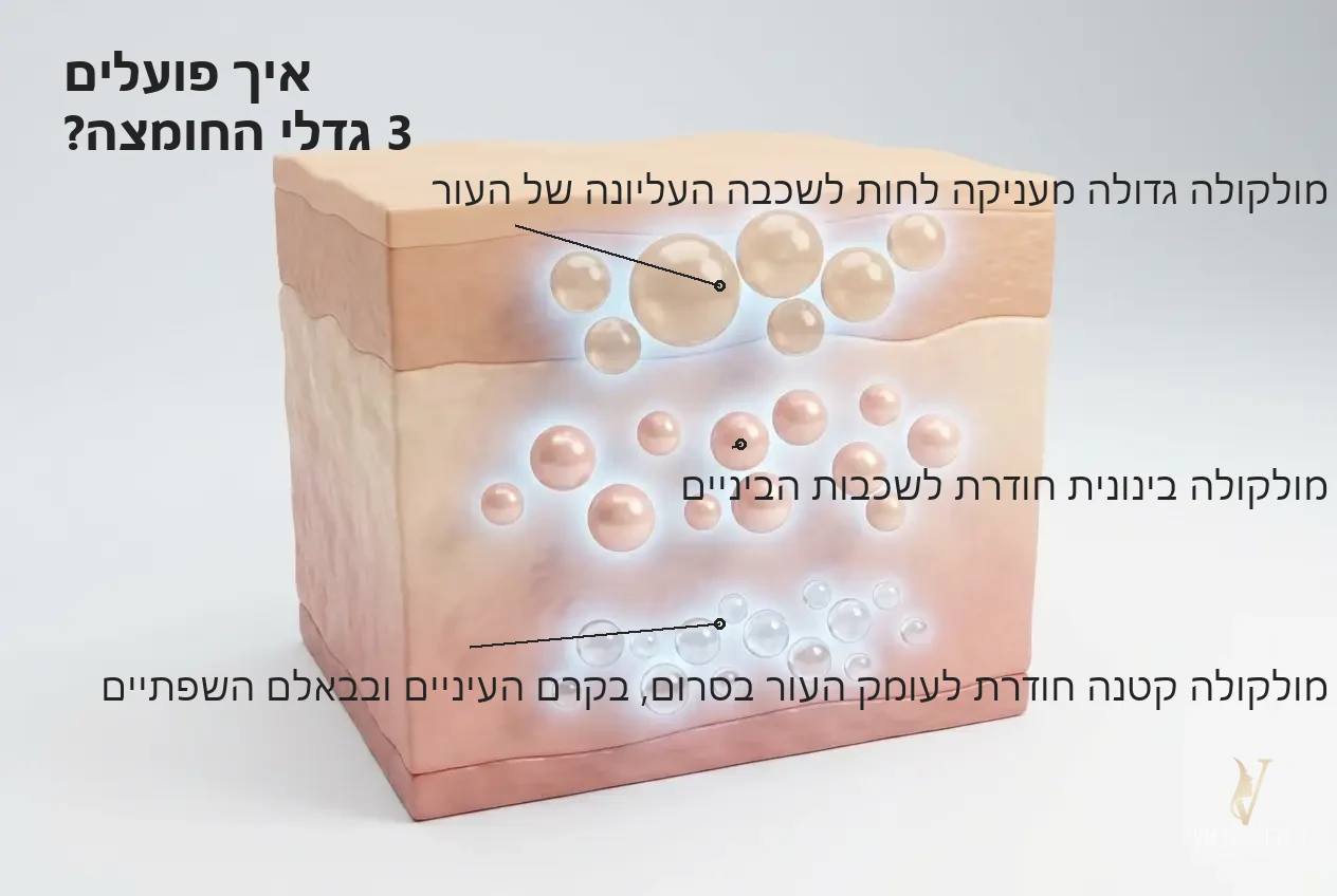 איור מנגנון שלושה גדלי חומצה היאלורונית לחדירת לחות בעומקי העור — סט טיפוח לפנים 3D GIGI - VM Cosmetics