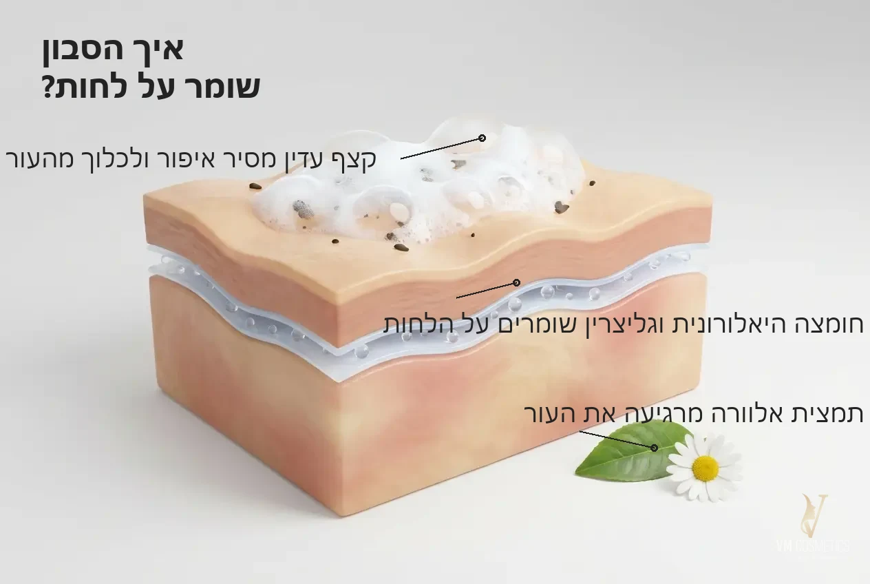 איור מנגנון ניקוי עדין השומר על שכבת הלחות הטבעית סבון AROMA ESSENCE לכל סוגי העור GIGI VM Cosmetics