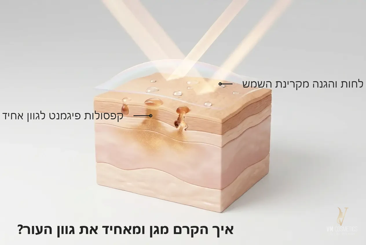איור מנגנון מיזוג פיגמנט לגוון עור אחיד לצד הגנה מקרינת השמש — BB-Bellissima 010 HIKARI - VM Cosmetics