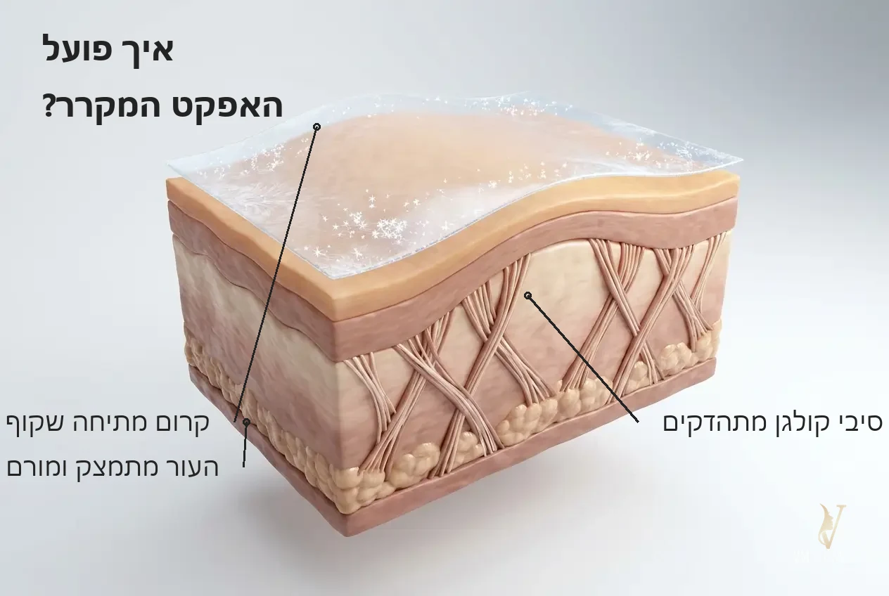 איור מנגנון: קרום מתיחה מקרר המהדק את מבנה העור — Ice Age Mask מסכה אנטי אייג׳ינג HIKARI היקארי - VM Cosmetics