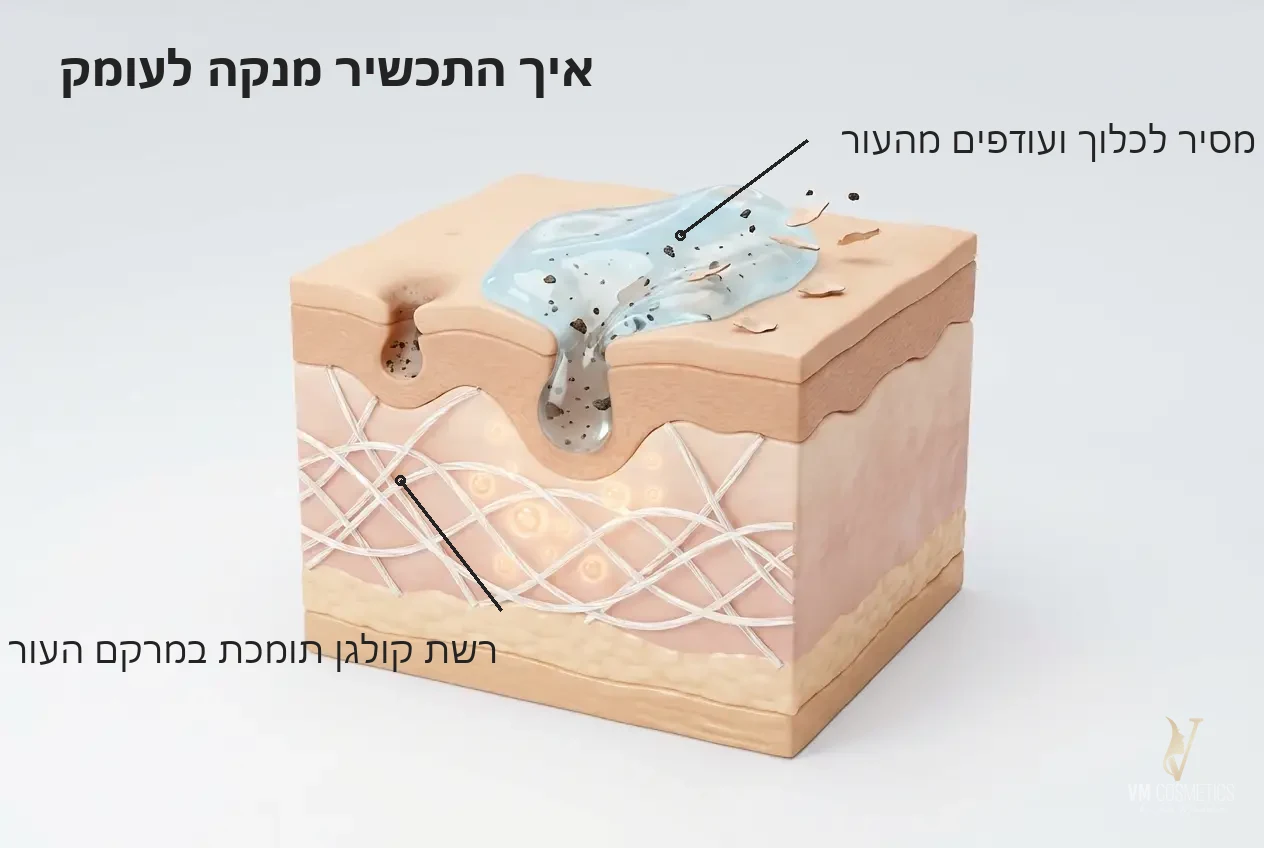 איור מנגנון ניקוי ותמיכת קולגן Active Collagen Cleanser תכשיר ניקוי טיפולי 120 מ״ל HIKARI היקארי VM Cosmetics