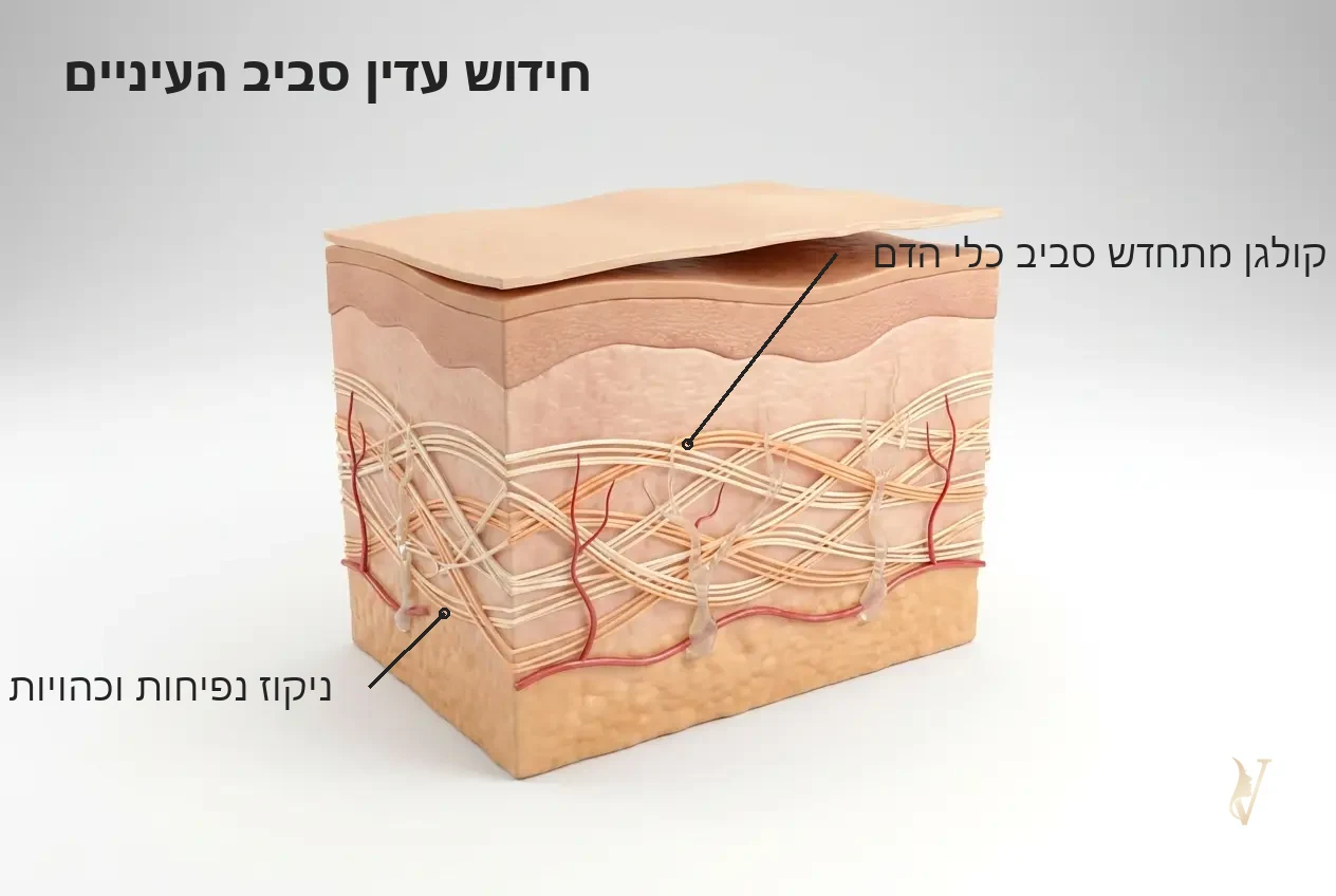 איור מנגנון חידוש קולגן וניקוז סביב העיניים - Lumin Eye Cream קרם עיניים HIKARI - VM Cosmetics
