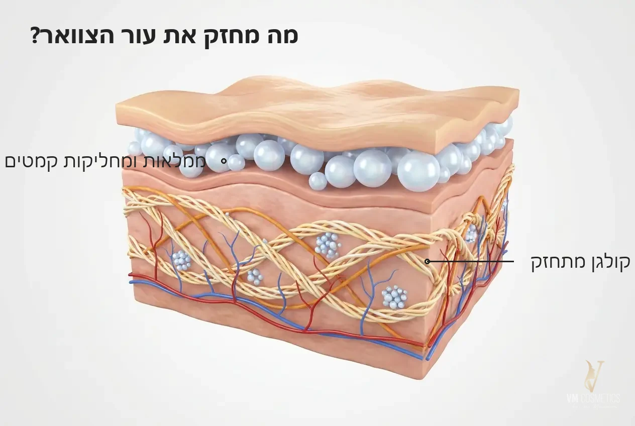 איור מנגנון מילוי קמטים וחיזוק קולגן בעור הצוואר והמחשוף - Perfect Neck Cream HIKARI היקארי - VM Cosmetics