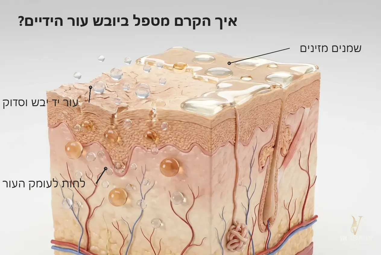 איור מנגנון הזנה ולחות לעור ידיים יבש בעזרת שתנן ושמנים צמחיים קרם ידיים Spa Dead Sea Secret Magiray VM Cosmetics