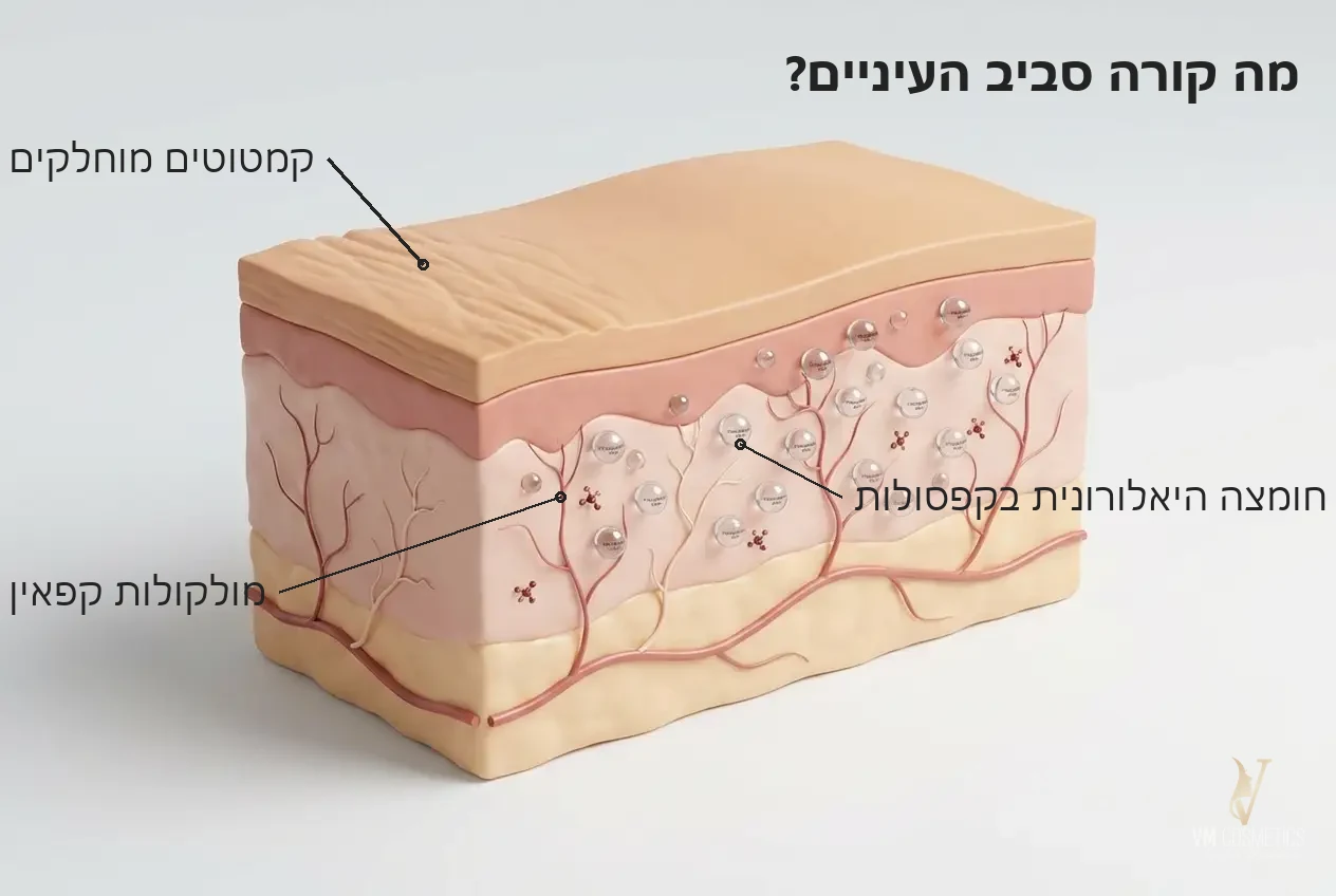 מה קורה סביב העיניים — איור מנגנון: קפסולות חומצה היאלורונית וקפאין - קרם עיניים MUSE - VM Cosmetics