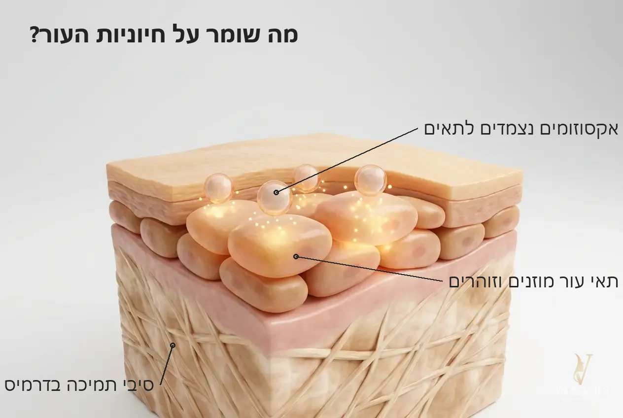 מה שומר על חיוניות העור — איור מנגנון: אקסוזומים מזינים את תאי העור - סרום לונג'ביטי MUSE - VM Cosmetics