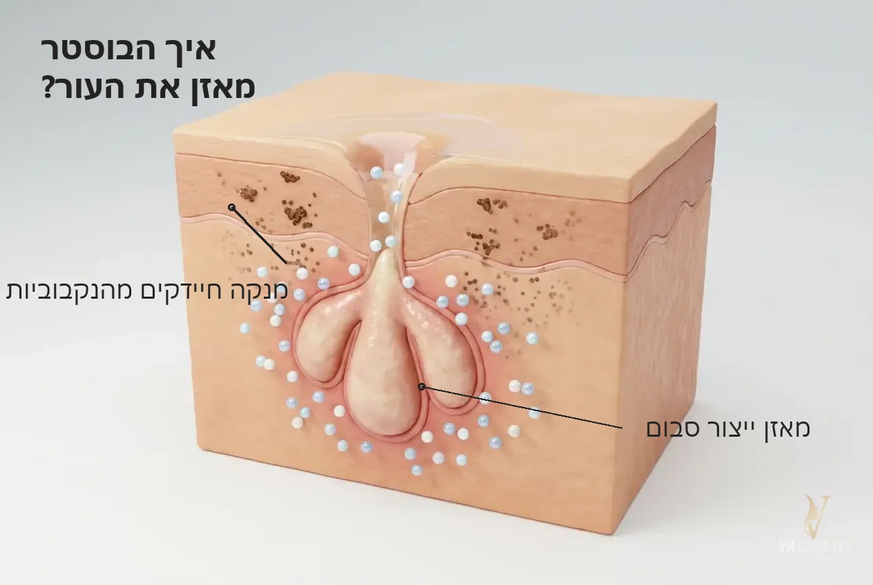 איור מנגנון: איזון סבום, ניקוי נקבוביות ומרכיבים פעילים - בוסטר חומצה אזלאית - Tapuach תפוח - VM Cosmetics