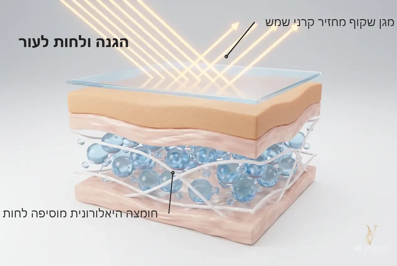 איור מנגנון: מגן שקוף מחזיר קרני שמש וחומצה היאלורונית מוסיפה לחות - קרם לחות היאלורוני SPF15 תפוח Tapuach - VM Cosmetics