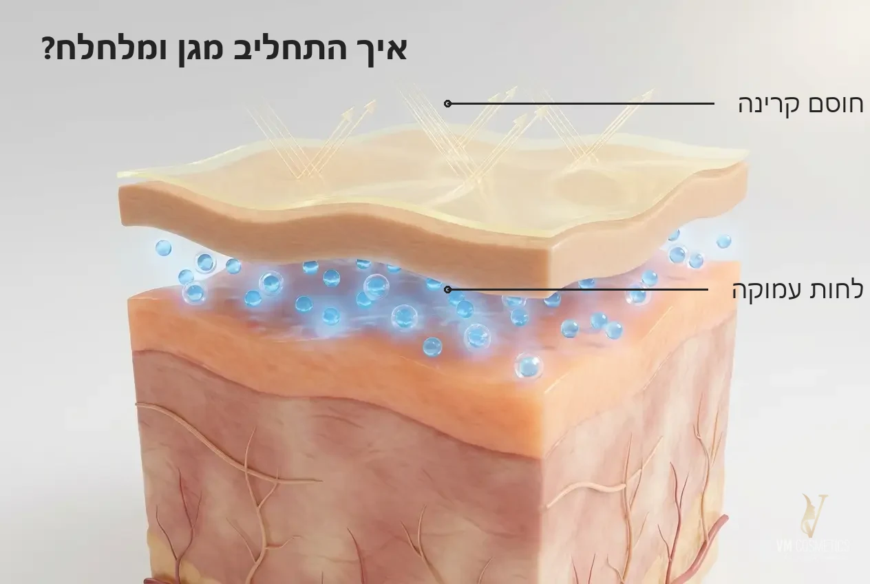 איור מנגנון: שכבת הגנה חוסמת קרינת שמש וחומצה היאלורונית מעניקה לחות עמוקה - מקדם הגנה SPF30 תחליב היאלורונית 75 מ״ל Tapuach תפוח - VM Cosmetics
