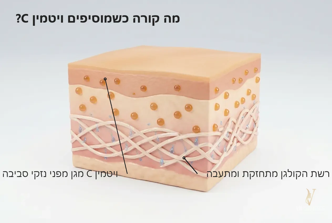 איור מנגנון: ויטמין C מגן על העור וחוזק רשת הקולגן מתחזק - קרם לחות ויטמין C תפוח Tapuach - VM Cosmetics